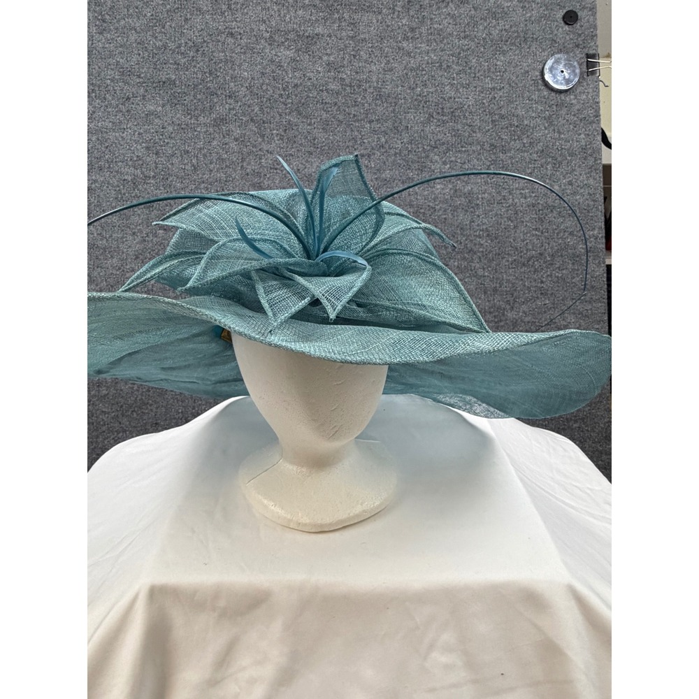 Scala Collezione Teal Blue Sinamay Straw Wide Brim Derby Sun Hat London Blue EUC